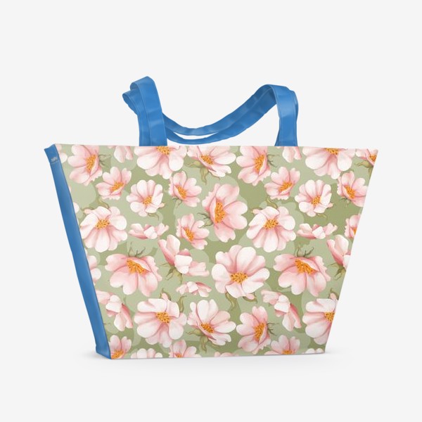 Пляжная сумка &laquo;Розовые цветы на зеленом&raquo;