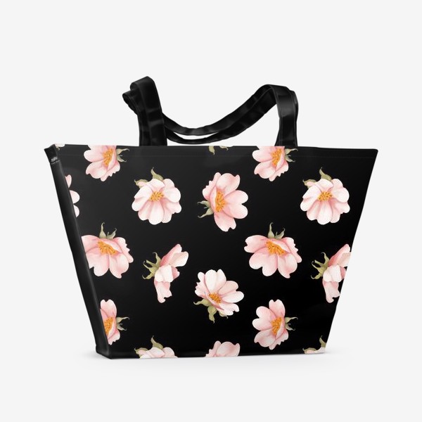 Пляжная сумка &laquo;Цветы шиповника на черном&raquo;