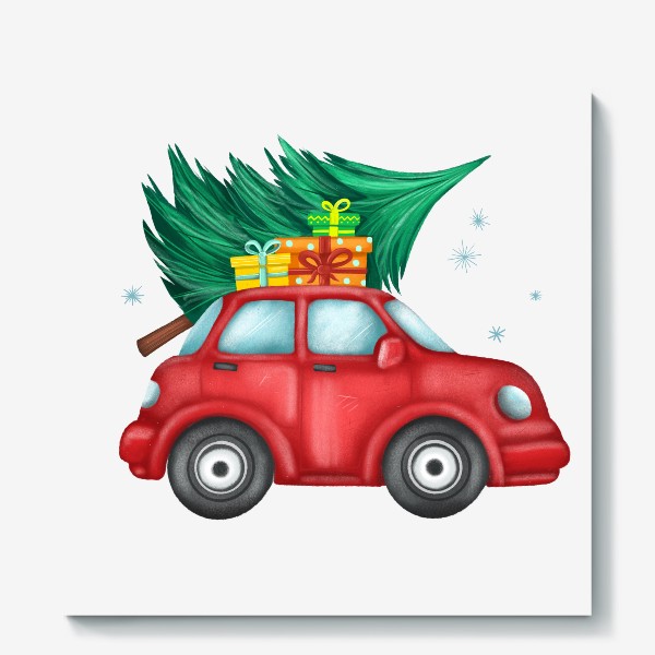 Холст «Новогодняя красная машинка с подарками »