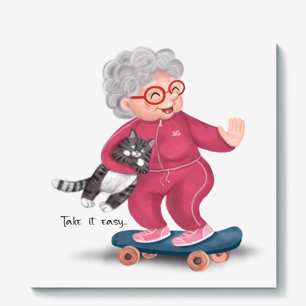 Холст «Весёлая бабуля на скейте»