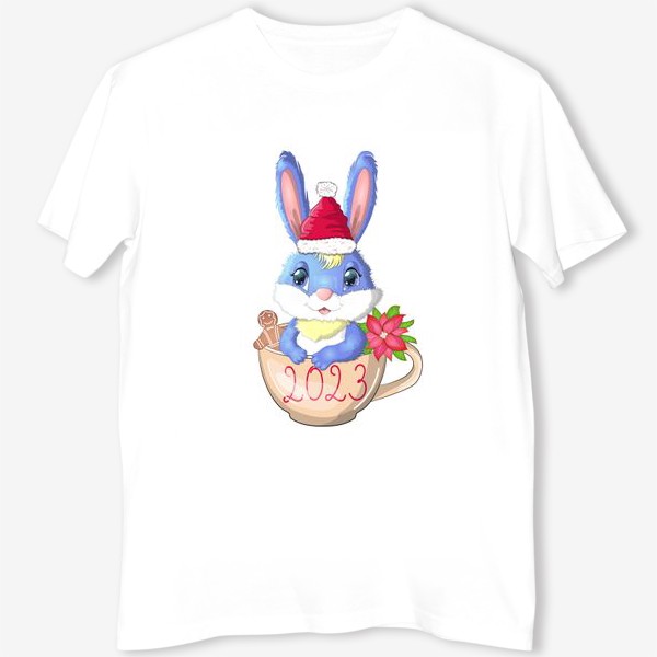 Футболка «Кролик в чашке с надписью 2023, печеньем и рождественским цветком,символ 2023 Нового года»