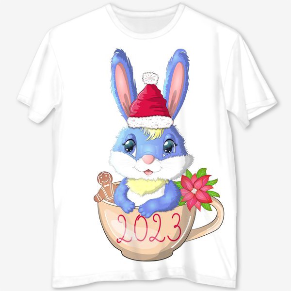Футболка с полной запечаткой «Кролик в чашке с надписью 2023, печеньем и рождественским цветком,символ 2023 Нового года»