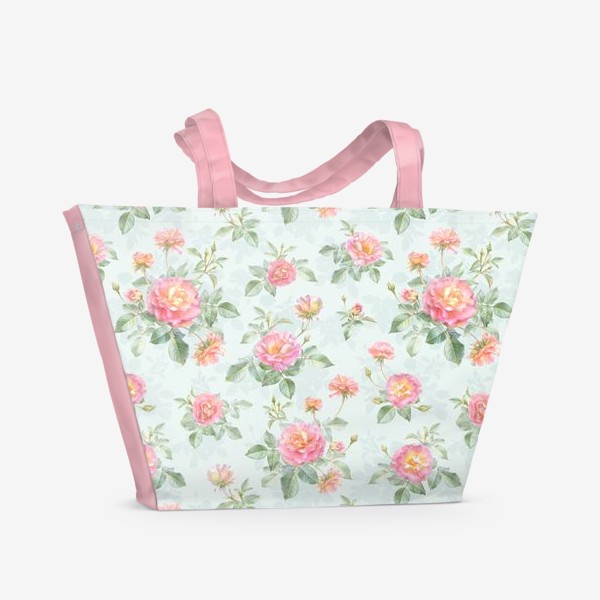 Пляжная сумка «Акварельные розовые розы на зеленом»