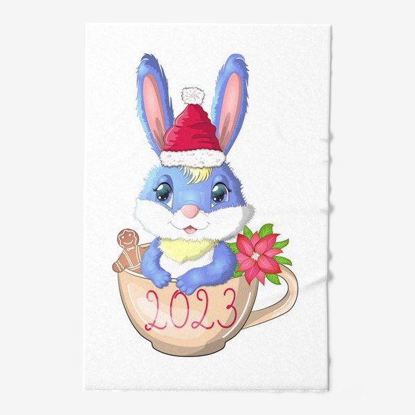 Полотенце «Кролик в чашке с надписью 2023, печеньем и рождественским цветком,символ 2023 Нового года»