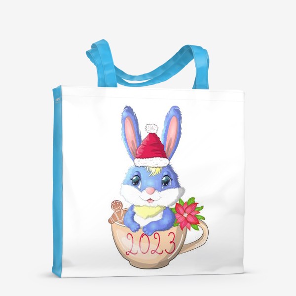 Сумка-шоппер «Кролик в чашке с надписью 2023, печеньем и рождественским цветком,символ 2023 Нового года»