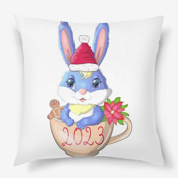 Подушка «Кролик в чашке с надписью 2023, печеньем и рождественским цветком,символ 2023 Нового года»