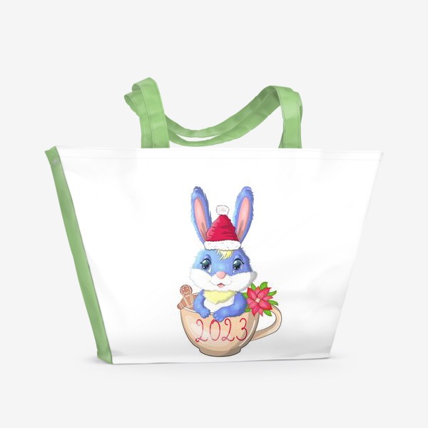 Пляжная сумка «Кролик в чашке с надписью 2023, печеньем и рождественским цветком,символ 2023 Нового года»