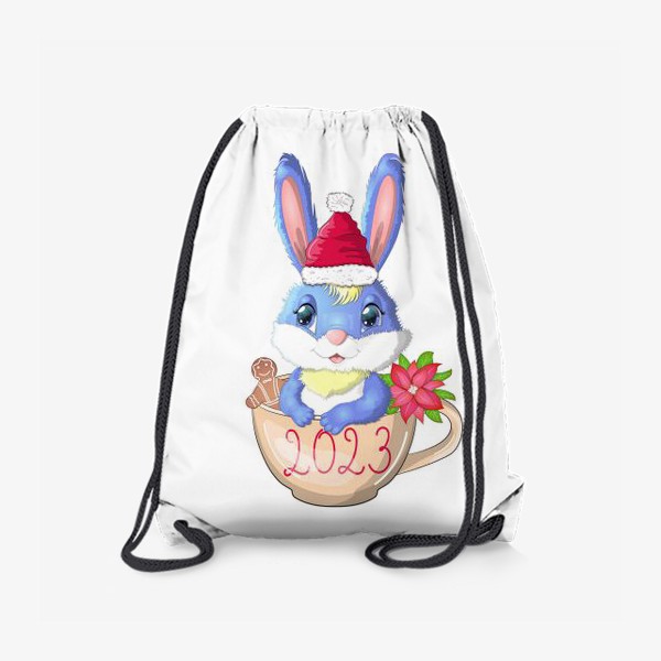 Рюкзак «Кролик в чашке с надписью 2023, печеньем и рождественским цветком,символ 2023 Нового года»