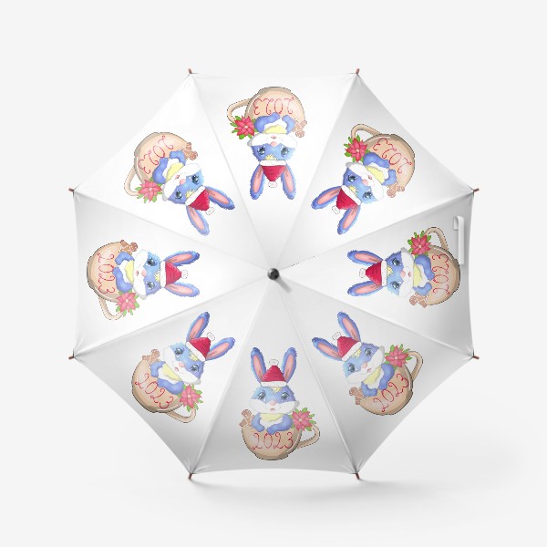 Зонт «Кролик в чашке с надписью 2023, печеньем и рождественским цветком,символ 2023 Нового года»