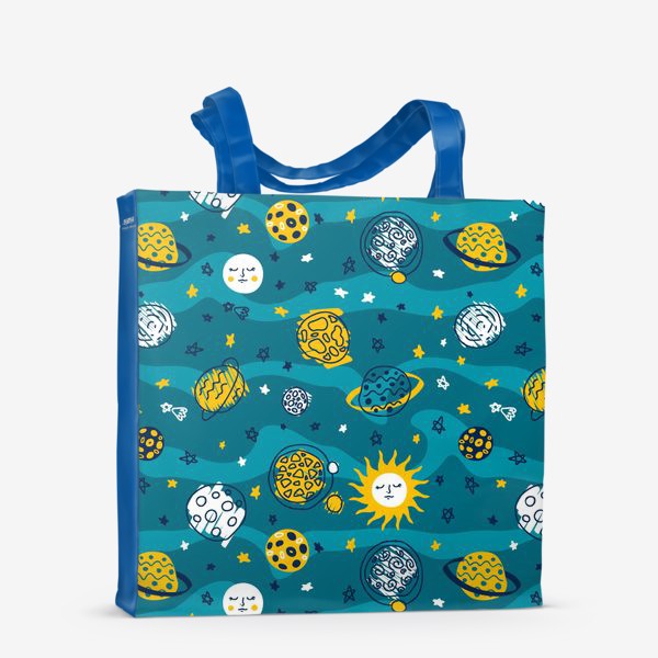 Сумка-шоппер «Солнце и планеты, синий паттерн»