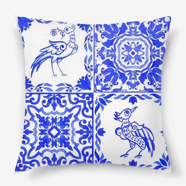 Подушка «Азулежу, синяя португальская плитка с птицами»
