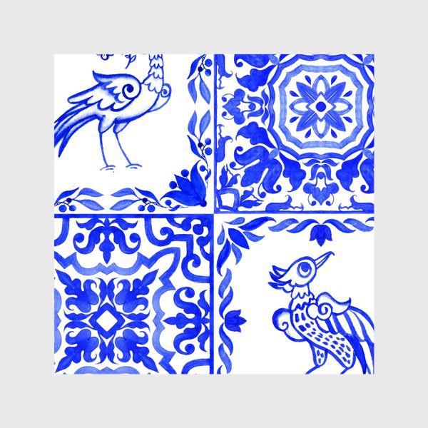 Шторы &laquo;Азулежу, синяя португальская плитка с птицами&raquo;
