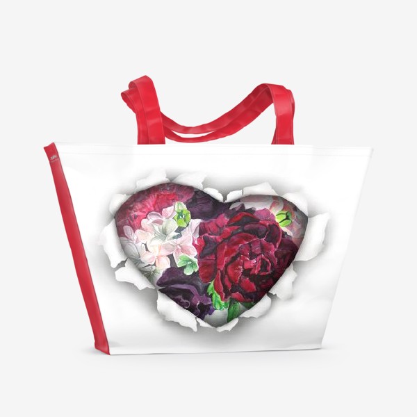 Пляжная сумка «Сердце с красным цветком»