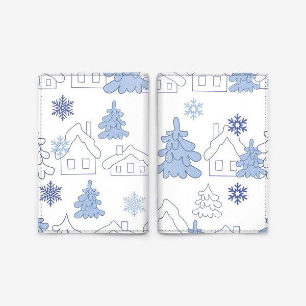 Обложка для паспорта «Зимний пейзаж.Бесшовный принт с зимними домиками и елками.»