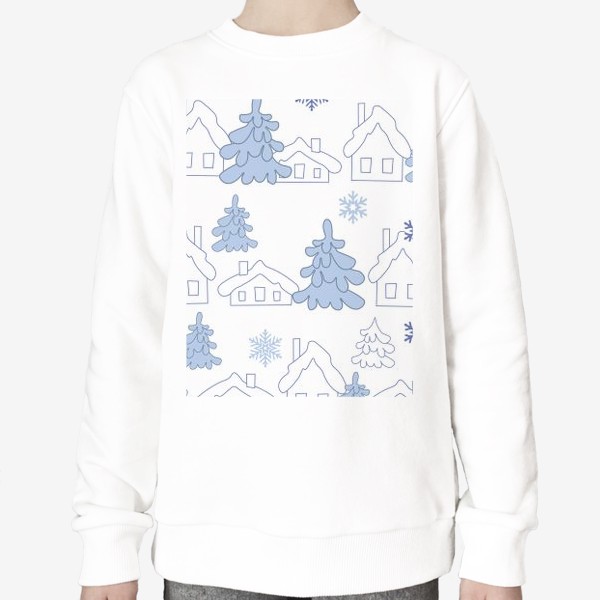 Свитшот «Зимний пейзаж.Бесшовный принт с зимними домиками и елками.»