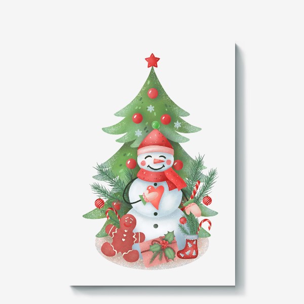 Холст «Снеговик под елочкой. Новогодняя иллюстрация.»