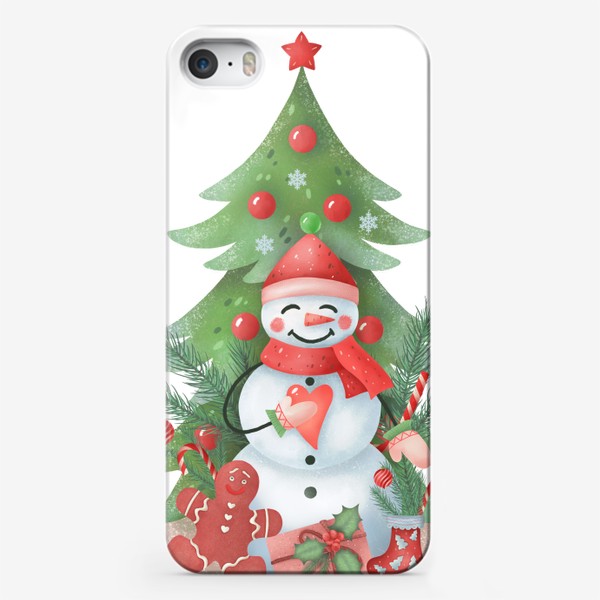 Чехол iPhone «Снеговик по елочкой. Новогодняя иллюстрация.»