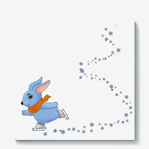 Холст «Голубой кролик в оранжевом шарфе катается на коньках»