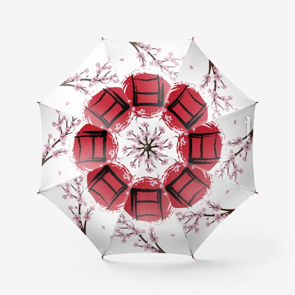 Зонт «Цветущая сакура и красный круг с японским иероглифом Солнце»