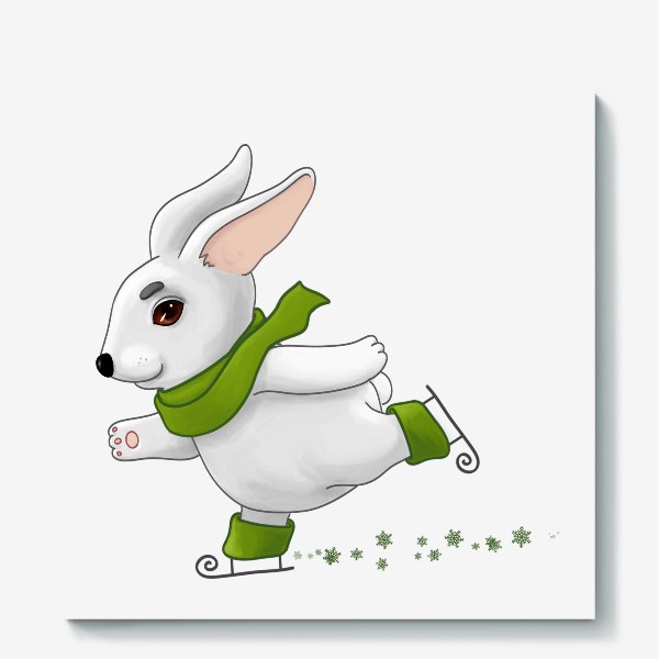 Холст «Белый кролик в зелёном шарфе катается на коньках»