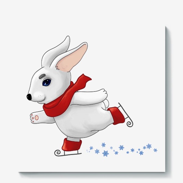 Холст «Белый кролик в красном шарфе катается на коньках»