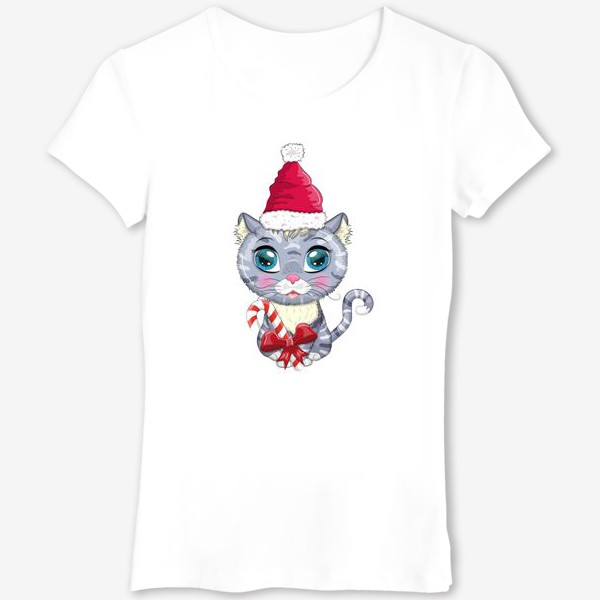 Футболка &laquo;Символ 2023 Нового года, котик в шапке Деда Мороза с конфетой&raquo;
