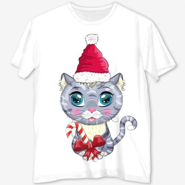 Футболка с полной запечаткой «Символ 2023 Нового года, котик в шапке Деда Мороза с конфетой»