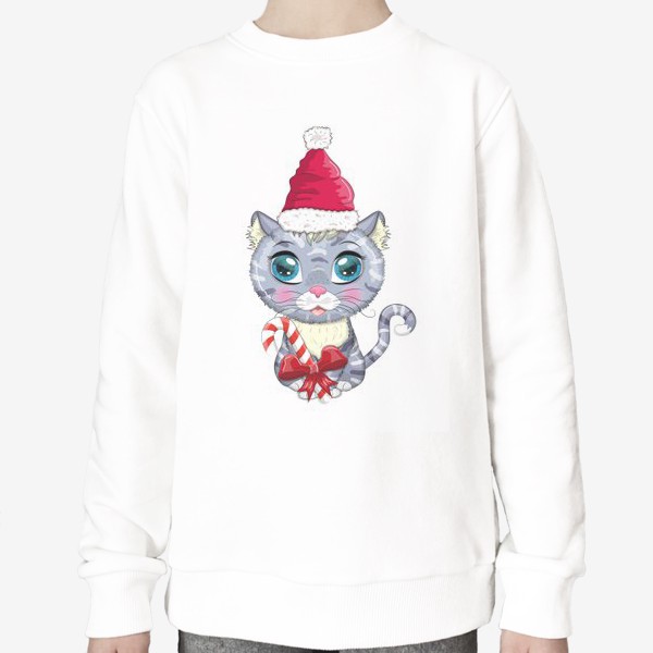 Свитшот &laquo;Символ 2023 Нового года, котик в шапке Деда Мороза с конфетой&raquo;