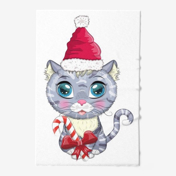 Полотенце «Символ 2023 Нового года, котик в шапке Деда Мороза с конфетой»