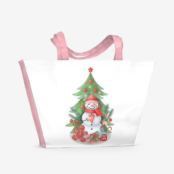 Пляжная сумка «Снеговик под елочкой. Новогодняя иллюстрация.»