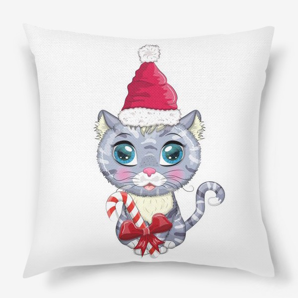 Подушка «Символ 2023 Нового года, котик в шапке Деда Мороза с конфетой»
