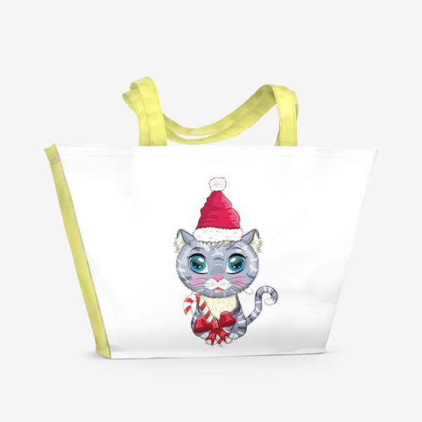 Пляжная сумка «Символ 2023 Нового года, котик в шапке Деда Мороза с конфетой»