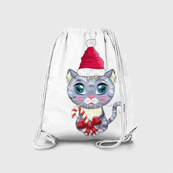 Рюкзак «Символ 2023 Нового года, котик в шапке Деда Мороза с конфетой»