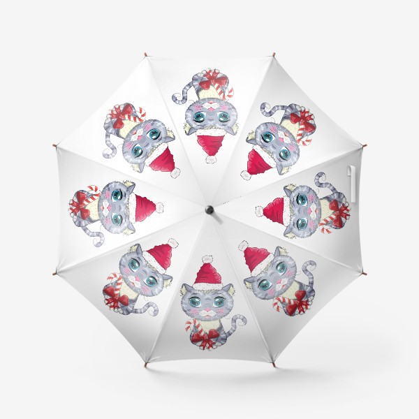 Зонт «Символ 2023 Нового года, котик в шапке Деда Мороза с конфетой»