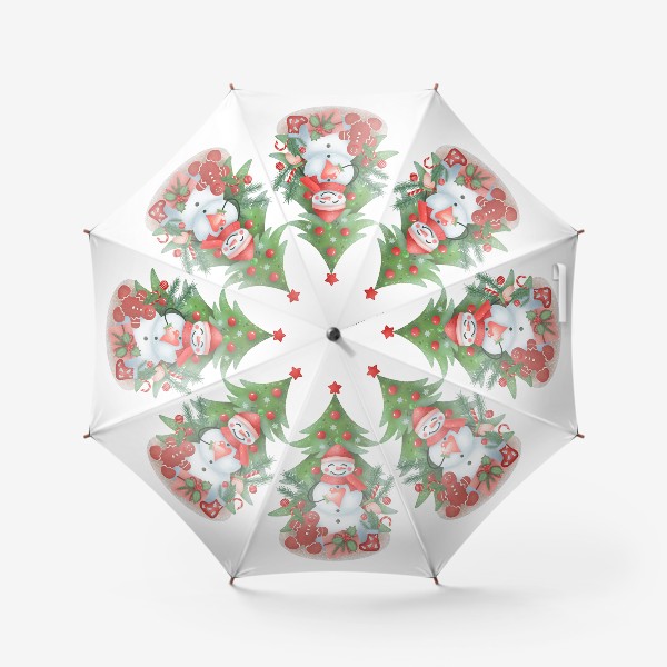 Зонт «Снеговик по елочкой. Новогодняя иллюстрация.»