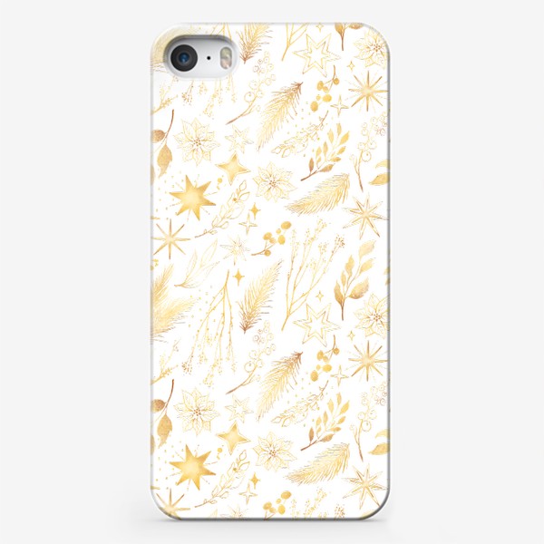 Чехол iPhone «Золотой новогодний декор с еловыми ветками. Shiny gold Christmas decoration elements, spruce branches, yellow stars»