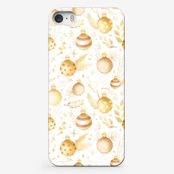Чехол iPhone «Золотой декор с еловыми ветками и новогодними шарами. Shiny gold Christmas decoration elements»