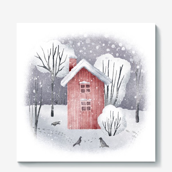 Холст &laquo;Иллюстрация с зимним пейзажем, красным домом, лесом и деревьями. Snowy winter forest landscape with red house &raquo;