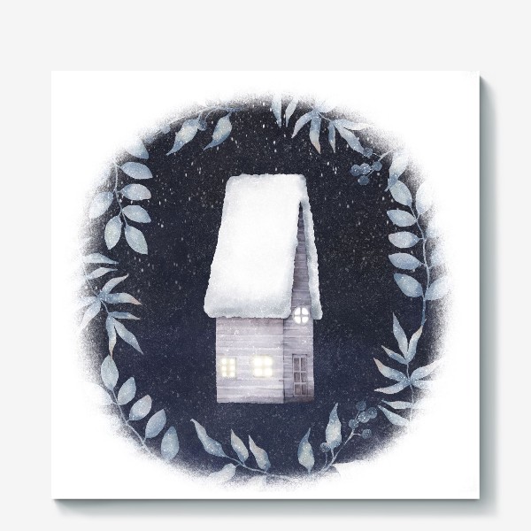 Холст &laquo;Акварельная зимняя иллюстрация с домом, синим фоном и веточками. Snowy house &raquo;