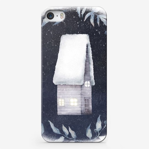 Чехол iPhone «Акварельная зимняя иллюстрация с домом, синим фоном и веточками. Snowy house »