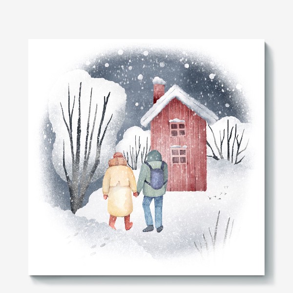 Холст &laquo;Акварельная иллюстрация с зимним пейзажем, парой, красным домом. Снежный лес. Snowy walk in the winter forest &raquo;