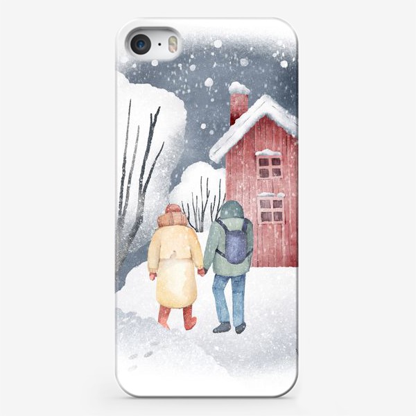 Чехол iPhone «Акварельная иллюстрация с зимним пейзажем, парой, красным домом. Снежный лес. Snowy walk in the winter forest »
