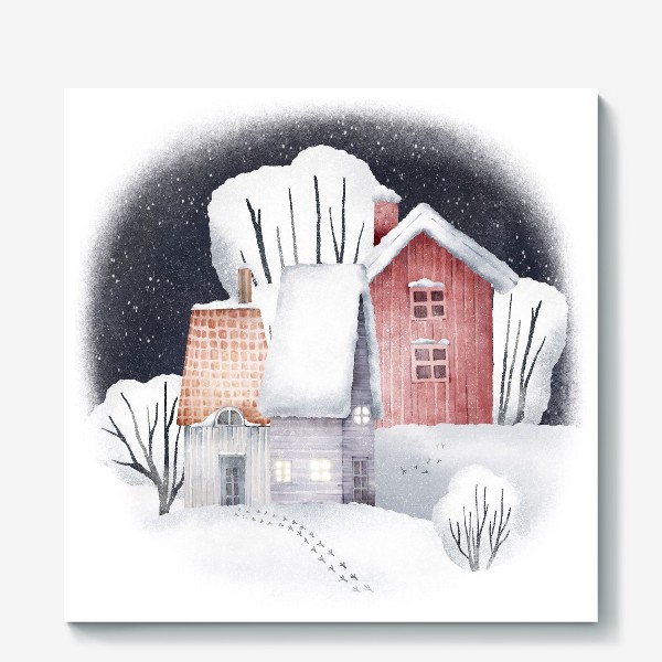 Холст «Зимний пейзаж с уютными новогодними домиками. Snowy winter forest landscape with red house, cute village »