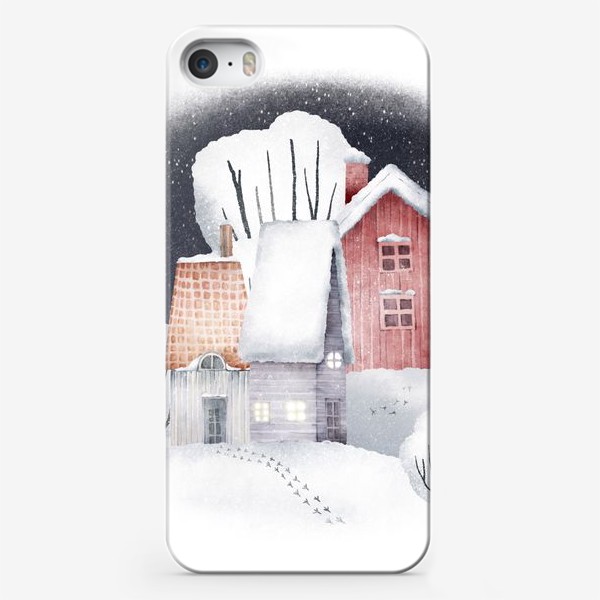 Чехол iPhone «Зимний пейзаж с уютными новогодними домиками. Snowy winter forest landscape with red house, cute village »