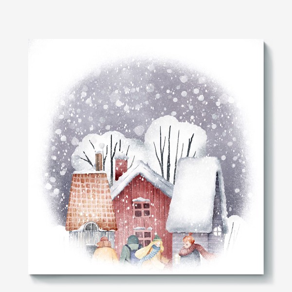 Холст «Зимний пейзаж с уютными новогодними домиками. Рождественская суета. Snowy winter red house, cute village »