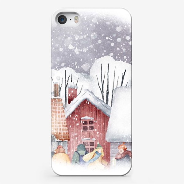 Чехол iPhone «Зимний пейзаж с уютными новогодними домиками. Рождественская суета. Snowy winter red house, cute village »