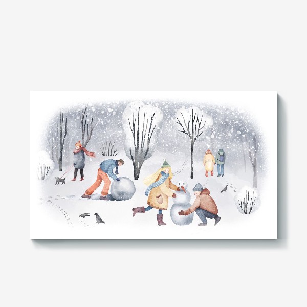 Холст «Зимний пейзаж. Рождественская суета. Прогулка в зимнем лесу. Illustration of snowy walk in the winter forest»