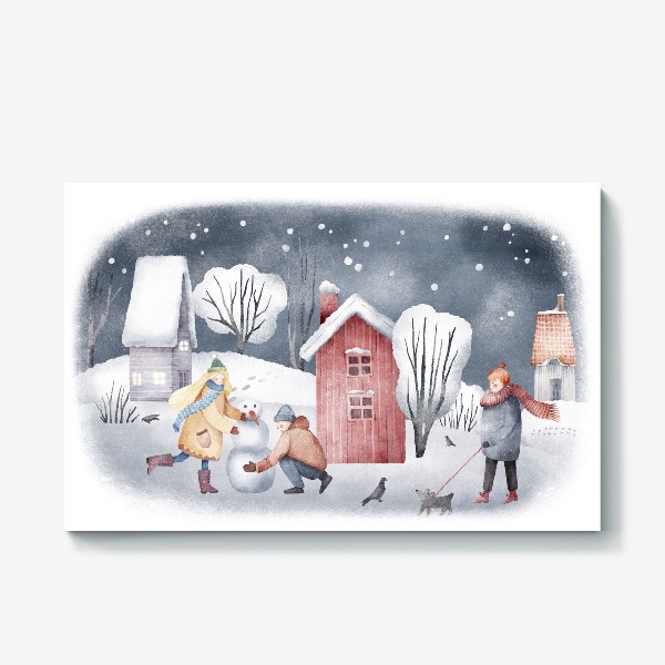 Холст «Зимний пейзаж с уютными новогодними домиками. Рождественская суета. Прогулка в лесу. Snowy winter cute village »