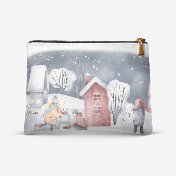 Косметичка «Зимний пейзаж с уютными новогодними домиками. Рождественская суета. Прогулка в лесу. Snowy winter cute village »