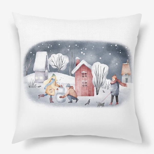 Подушка «Зимний пейзаж с уютными новогодними домиками. Рождественская суета. Прогулка в лесу. Snowy winter cute village »